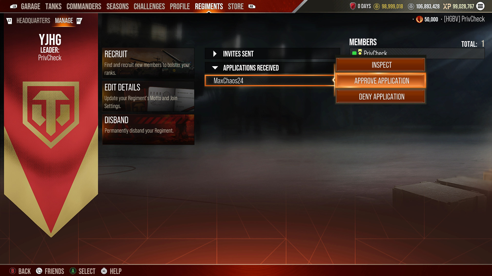 Regiments - Manage Tab Applications Received