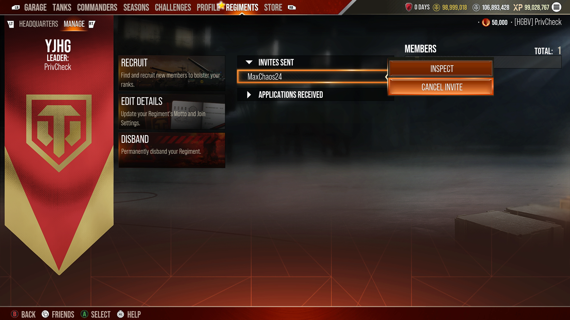 Regiments - Manage Tab Invite Sent